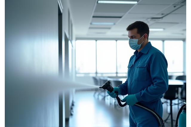 Professional using electrostatic sprayer for disinfection